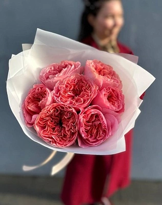 7 розовых пионовидных роз