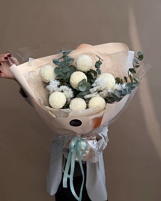 Большой букет нежных хризантем с зеленью