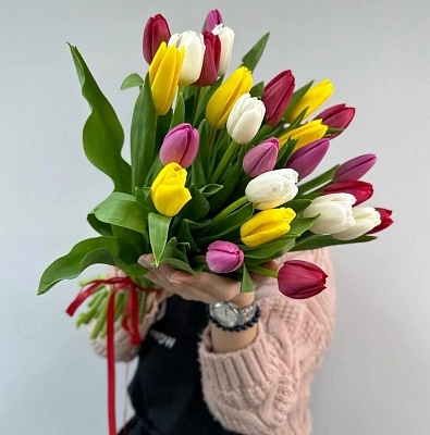 25 разноцветных тюльпанов под ленту